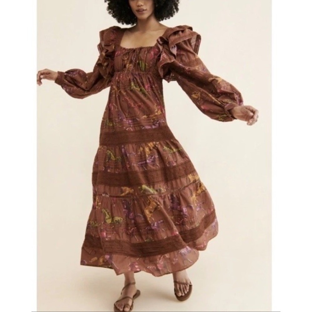 Farm Rio Dress Womens XLarge Boho Maxi Ruffle Square Neck Horse Print 319527